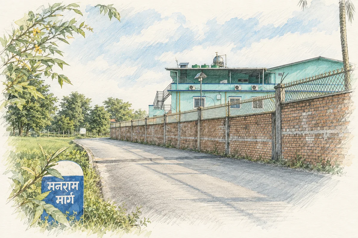 Watercolour of Manaram Marg, the road into the Manaram campus