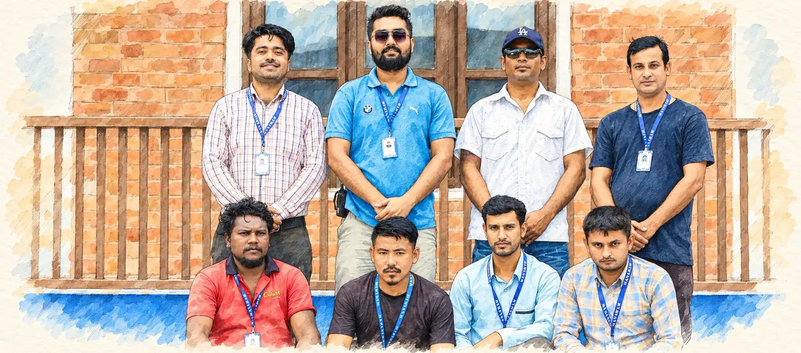 Watercolour of Manaram team members in front of a brick building, the front row seated