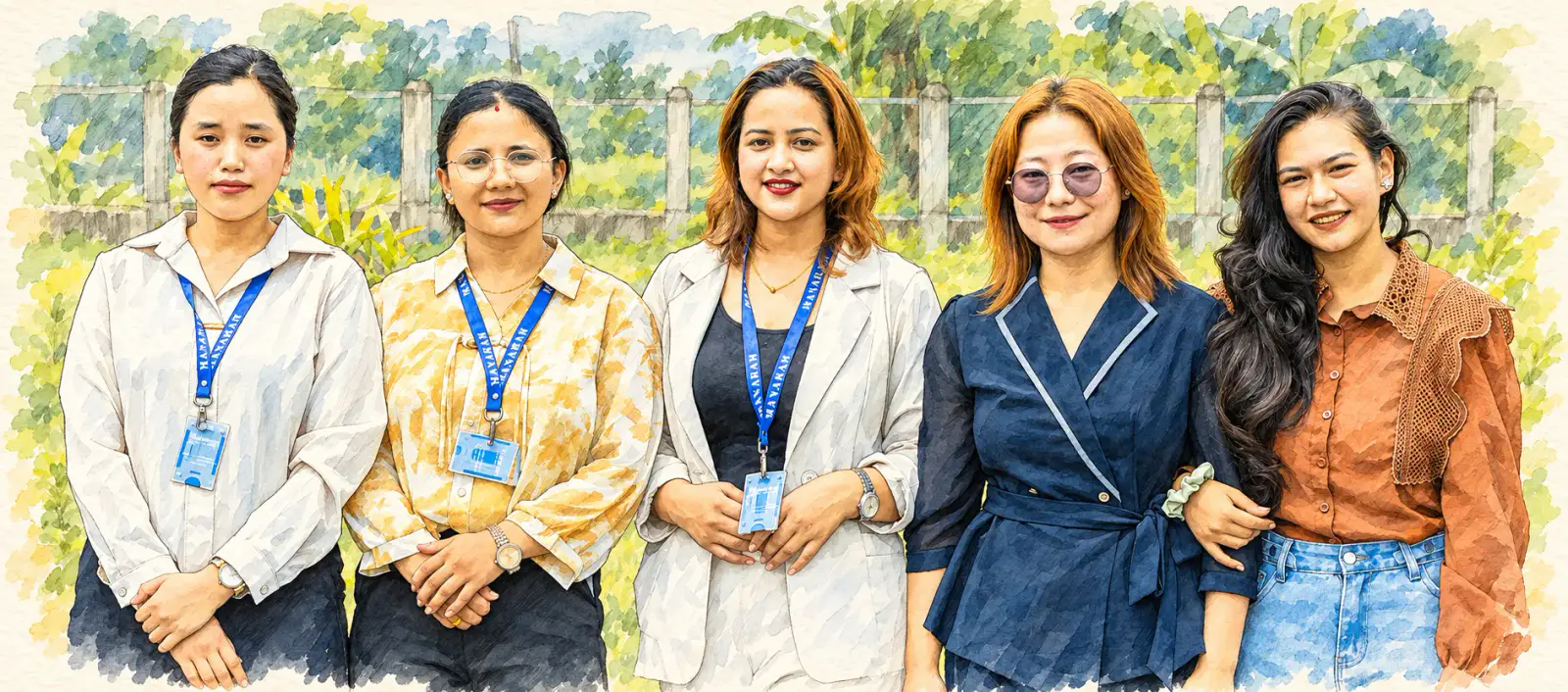 Watercolour of five Manaram colleagues smiling together outdoors