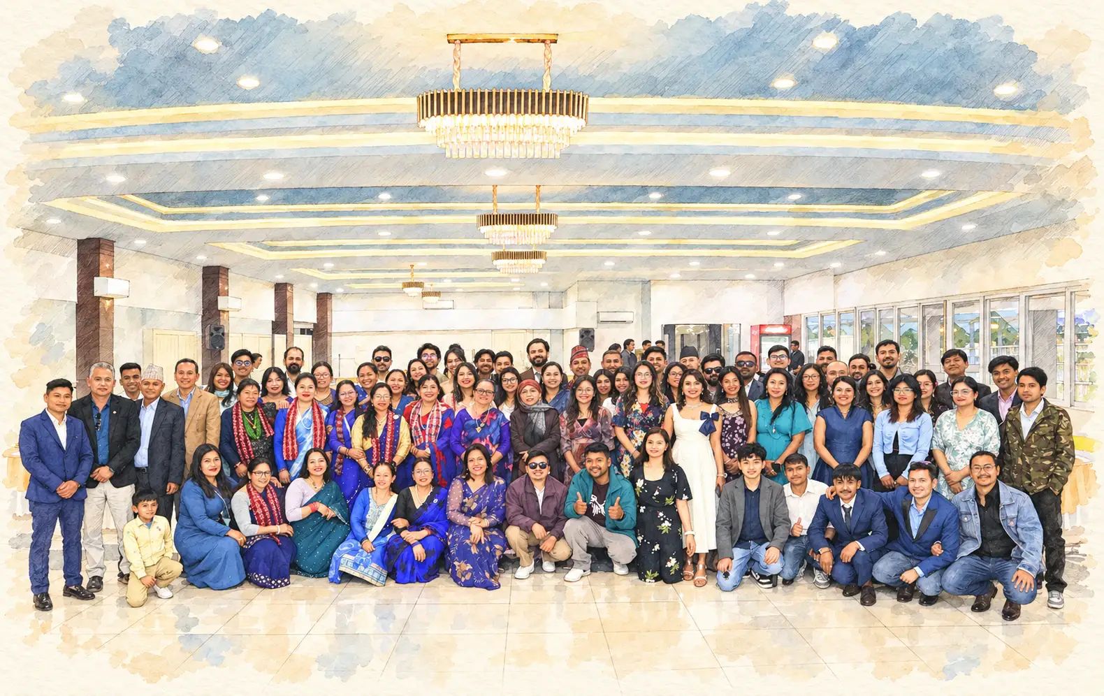 Watercolour of the Manaram family together at a gathering in a banquet hall