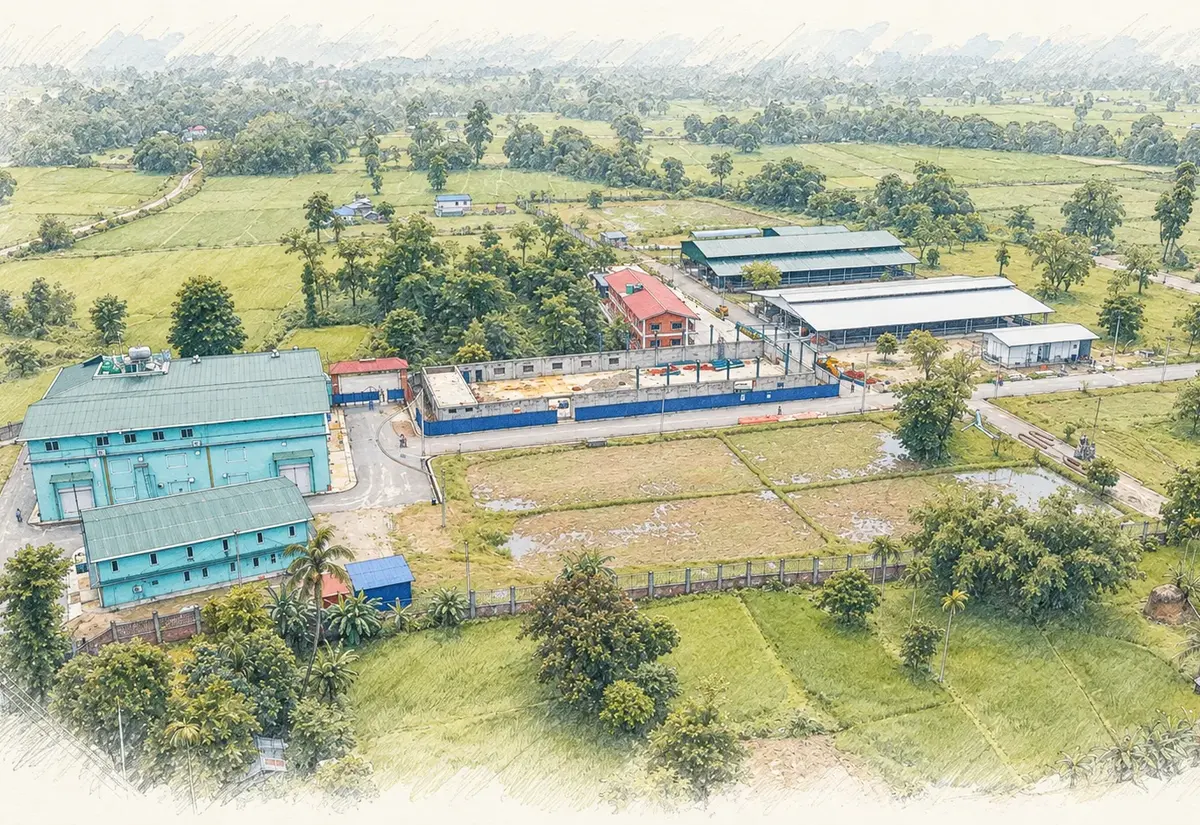Watercolour of the Manaram site in Birtamod seen from above: factory buildings among green paddy fields
