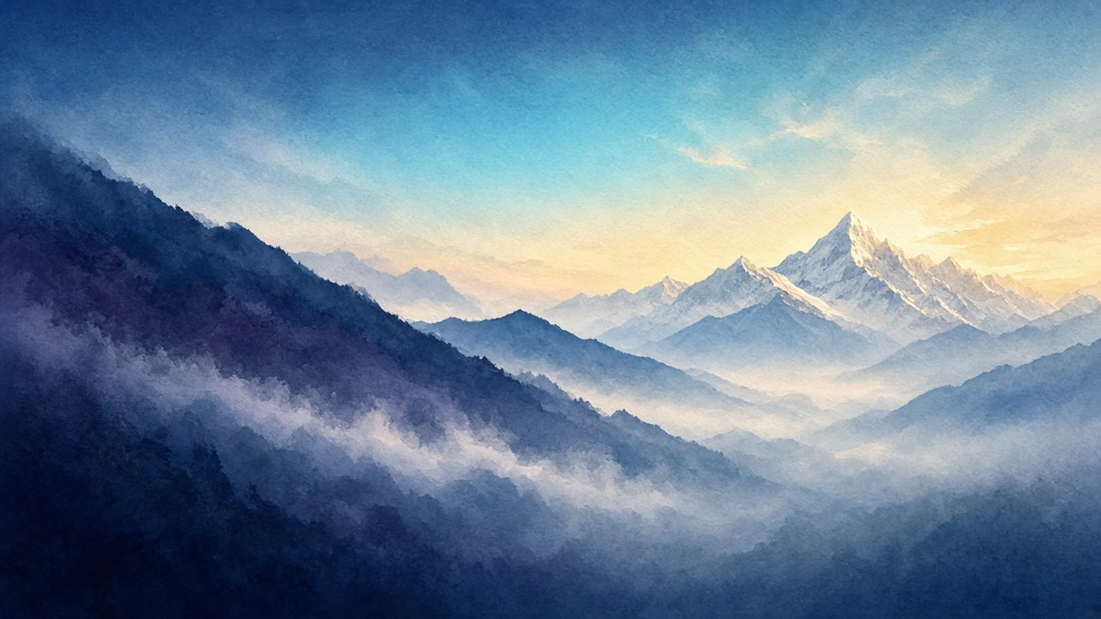 Watercolour of the Himalayan ridgelines at dawn, golden sunrise light breaking over distant snow peaks above deep valley mist
