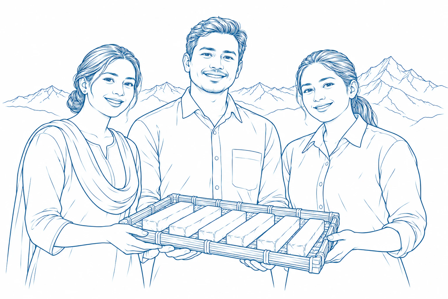 Illustration of three Nepali colleagues holding a tray of Himalayan dog chews together.