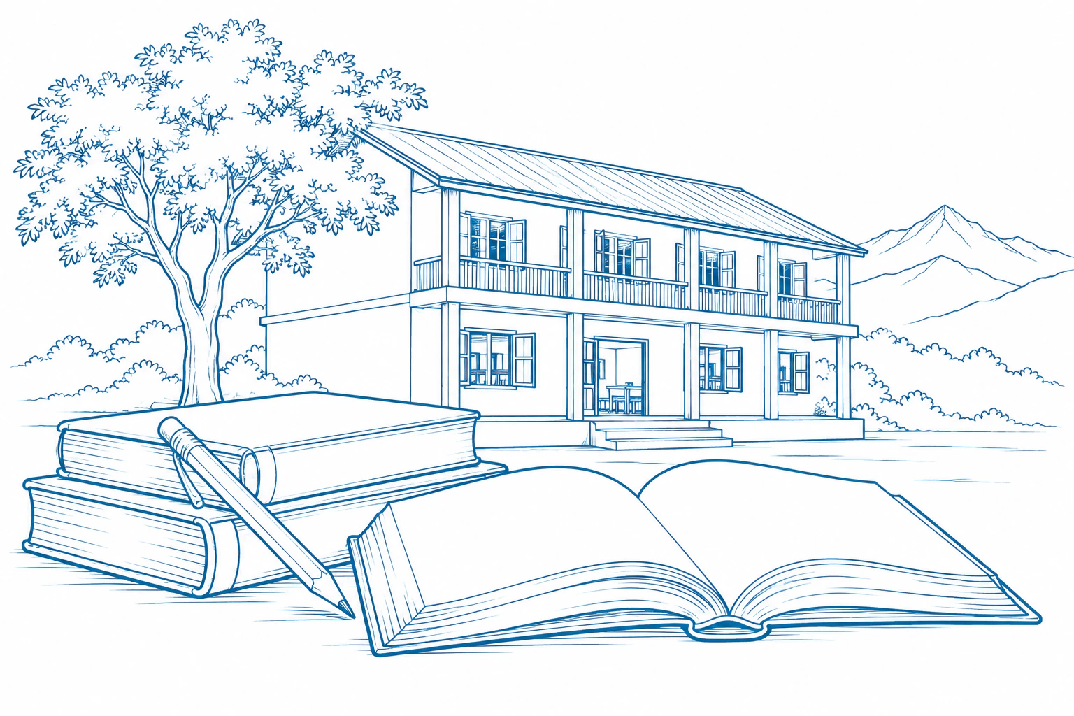 Fine-line illustration of open books and a rural Nepali school.