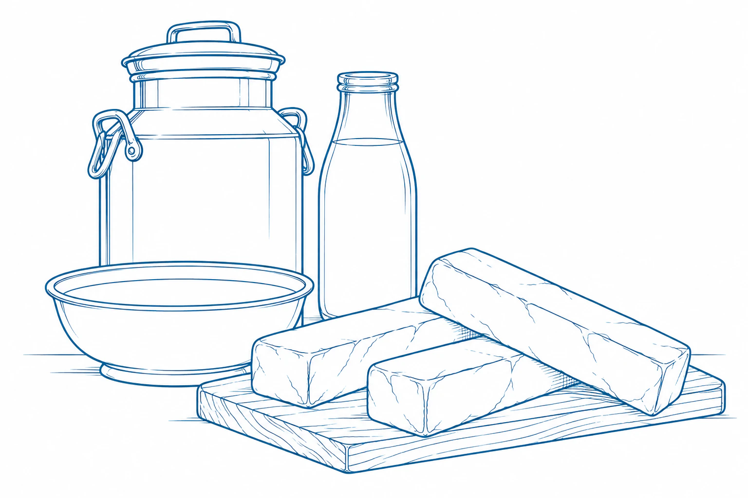 Fine-line illustration of a milk can, bottle and Himalayan cheese bars.