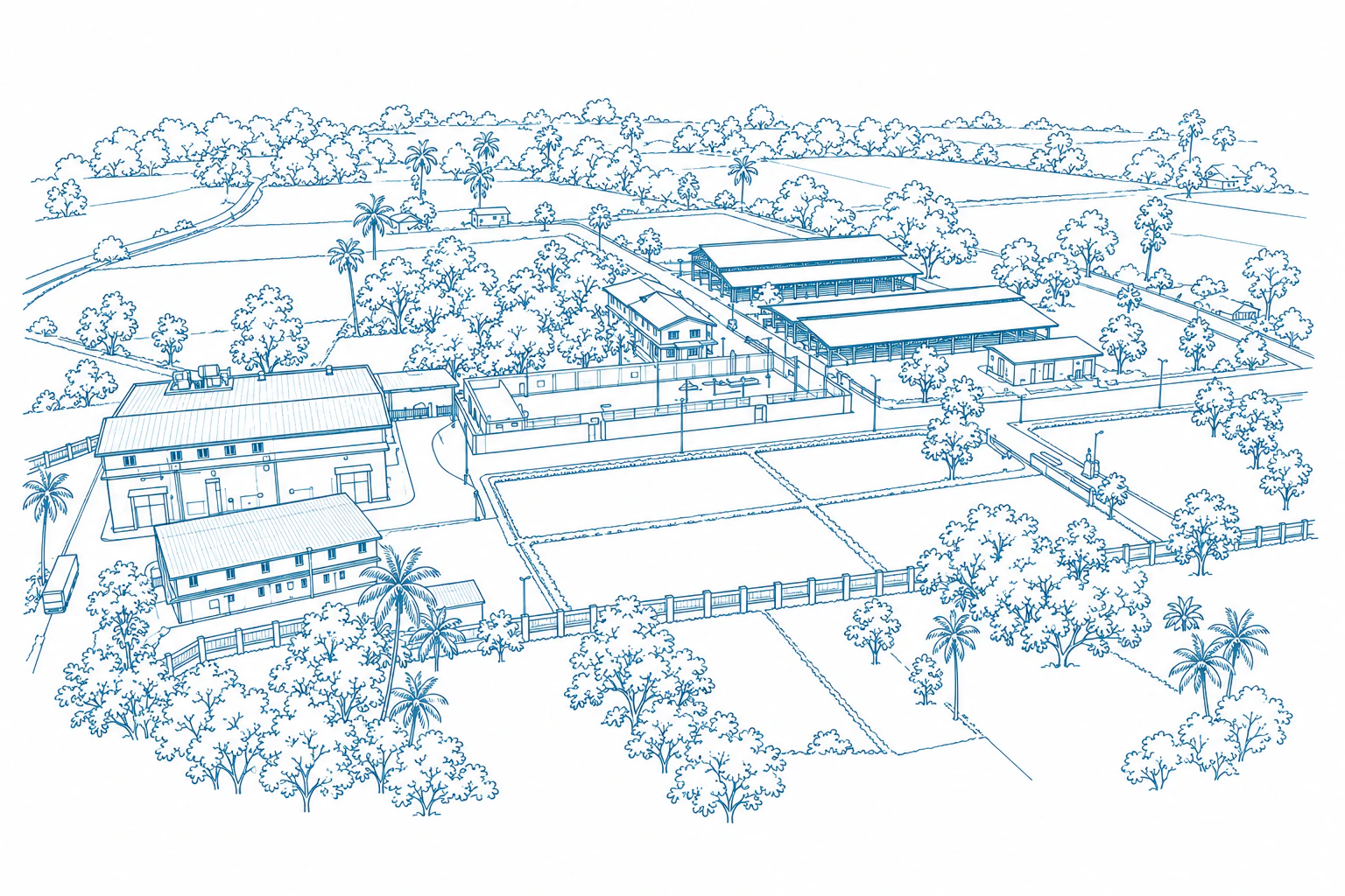 Architectural line illustration of the Manaram campus.