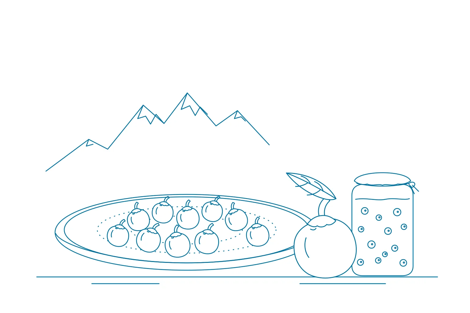 Fine-line illustration of round chillies drying on a woven tray beside a cloth-covered jar of achar, with a large chilli, its leaf and a Himalayan ridge.