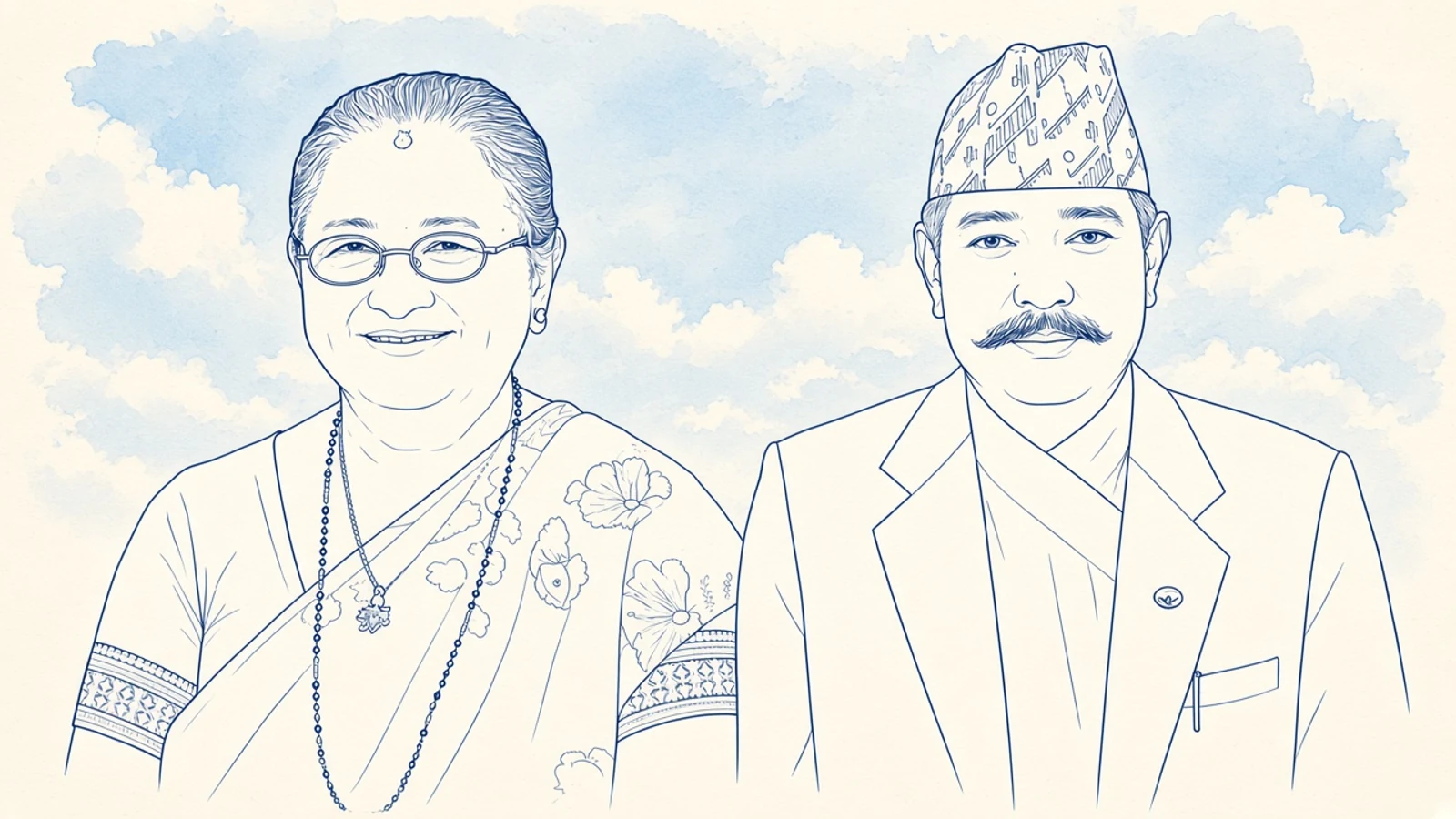 Watercolour sketch of founders Man Maya Shrestha and Ram Bahadur Shrestha